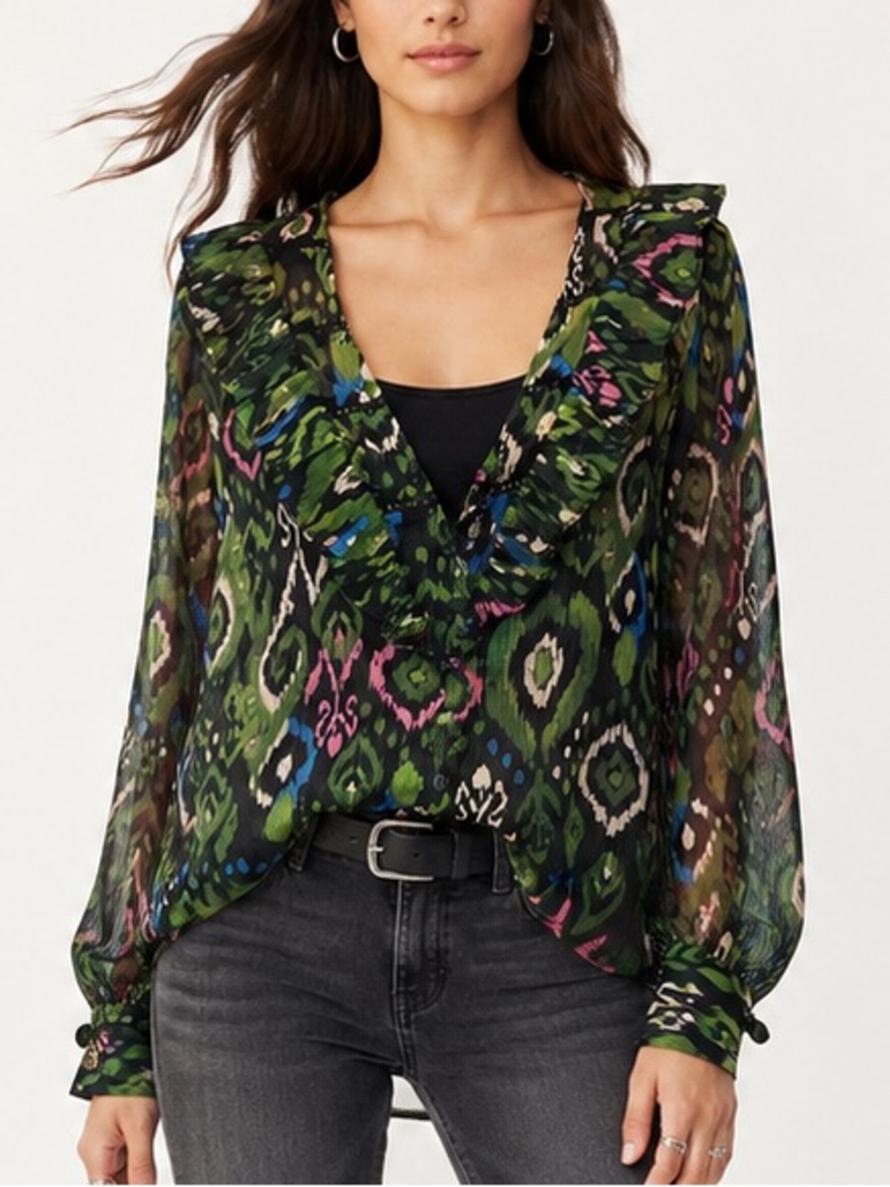 Zara Sheer Abstract Print Ruffle Blouse Green Boho Long Sleeve Top XS